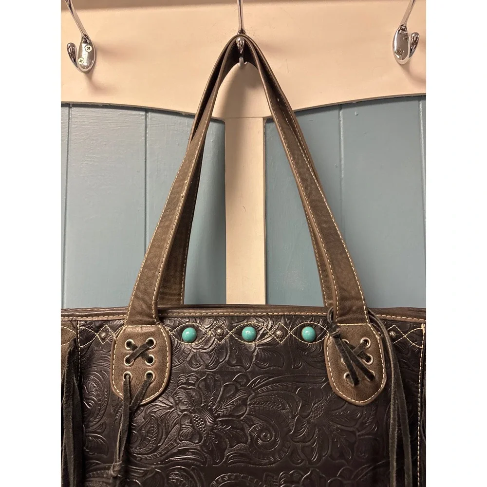 Western Aztec Embossed Faux‎ Leather Fringe Turquoise Studded Tote Bag